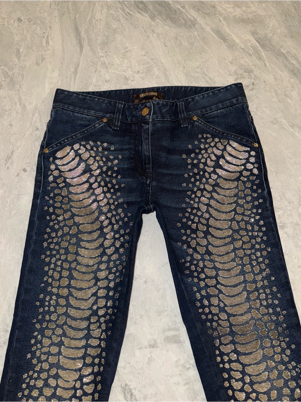 Roberto Cavalli Vintage Gold Beaded Snake Print Jeans